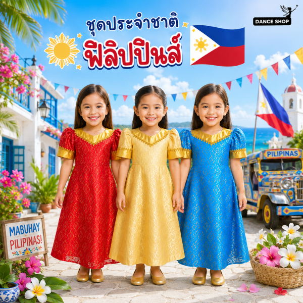ชุดประจำชาติฟิลิปปินส์สำหรับเด็กผู้หญิง ชุดประดับเลื่อมทอง มี 5สีให้เลือก ชุดเดรสยาวประจำชาติฟิลิปปินส์ พร้อมส่งจากไทย