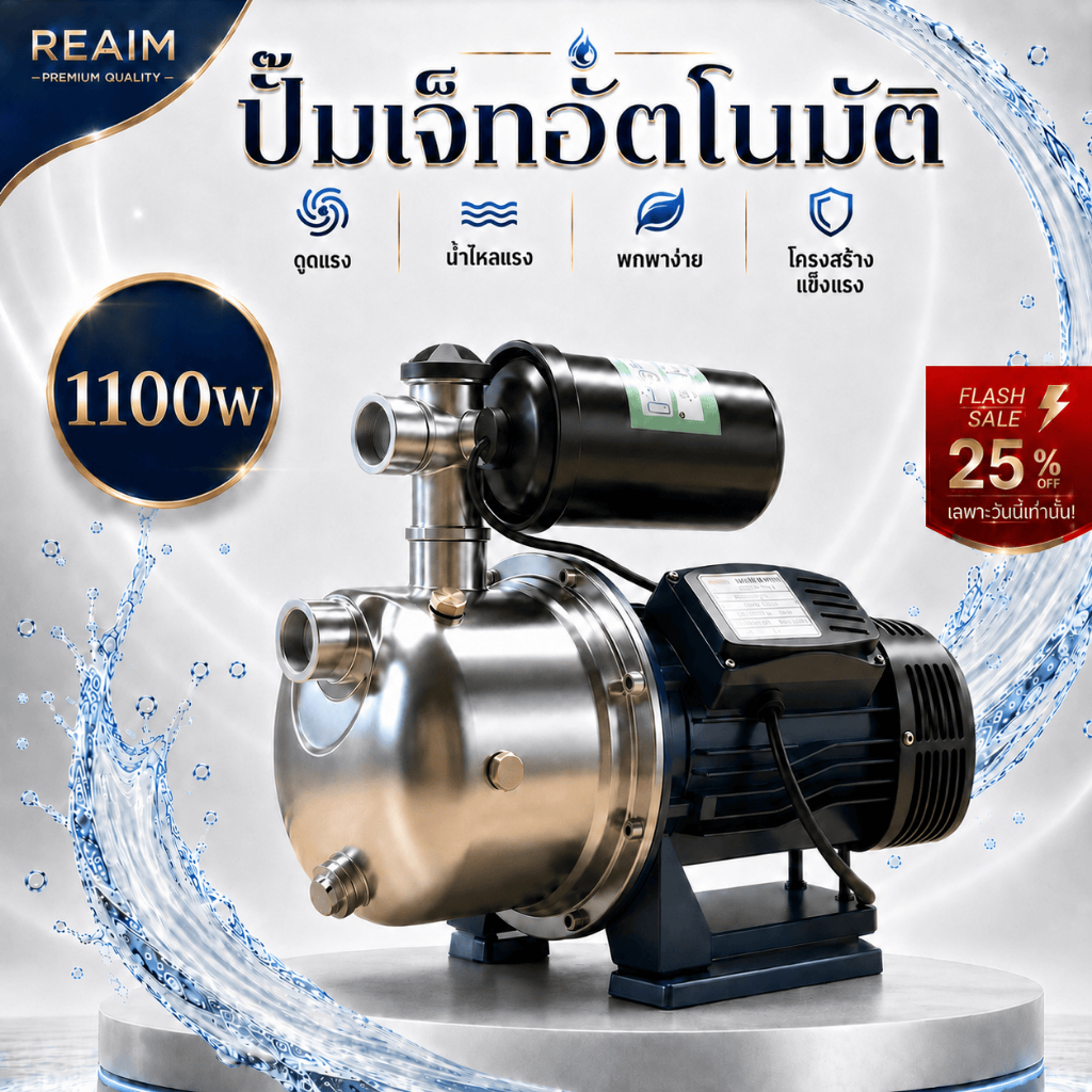 REAIM ปั๊มน้ำอัตโนมัติ 1100W แรงดันคงที่ 1.5HP หัวสแตนเลส ดูดน้ำแรง ประหยัดไฟ ดูดน้ำบาดาล
