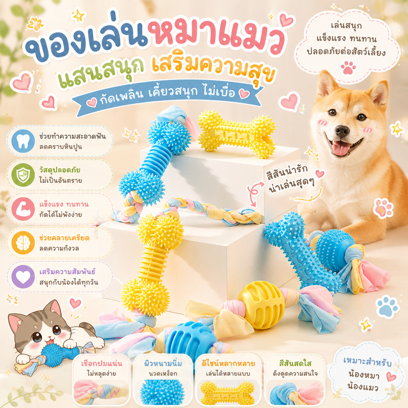 ลูกบอลกัดสุนัข กระดูกยางนิ่ม มีปุ่มนวดเหงือก ของเล่นสุนัข บอลกัดเล่น ลูกบอลหมา กระดูกยาง ช่วยขัดฟันสัตว์เลี้ยง