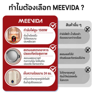 MEEVIDA กาต้มน้ำไฟฟ้า สแตนเลส 304 ตัดไฟอัตโนมัติ ต้มน้ำเร็ว ปลอดภัย อุ่นตลอด 24 ชม. 1500W 1.8L