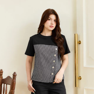 Glucoat | [A779/A908] เสื้อยืดคอกลมแขนสั้นลายสก็อต กระดุมแต่งด้านข้าง