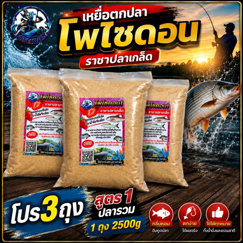 เหยื่อตกปลาโพไซดอน สูตร1 2500g 3ถุง ตกหน้าดิน ชิงหลิว