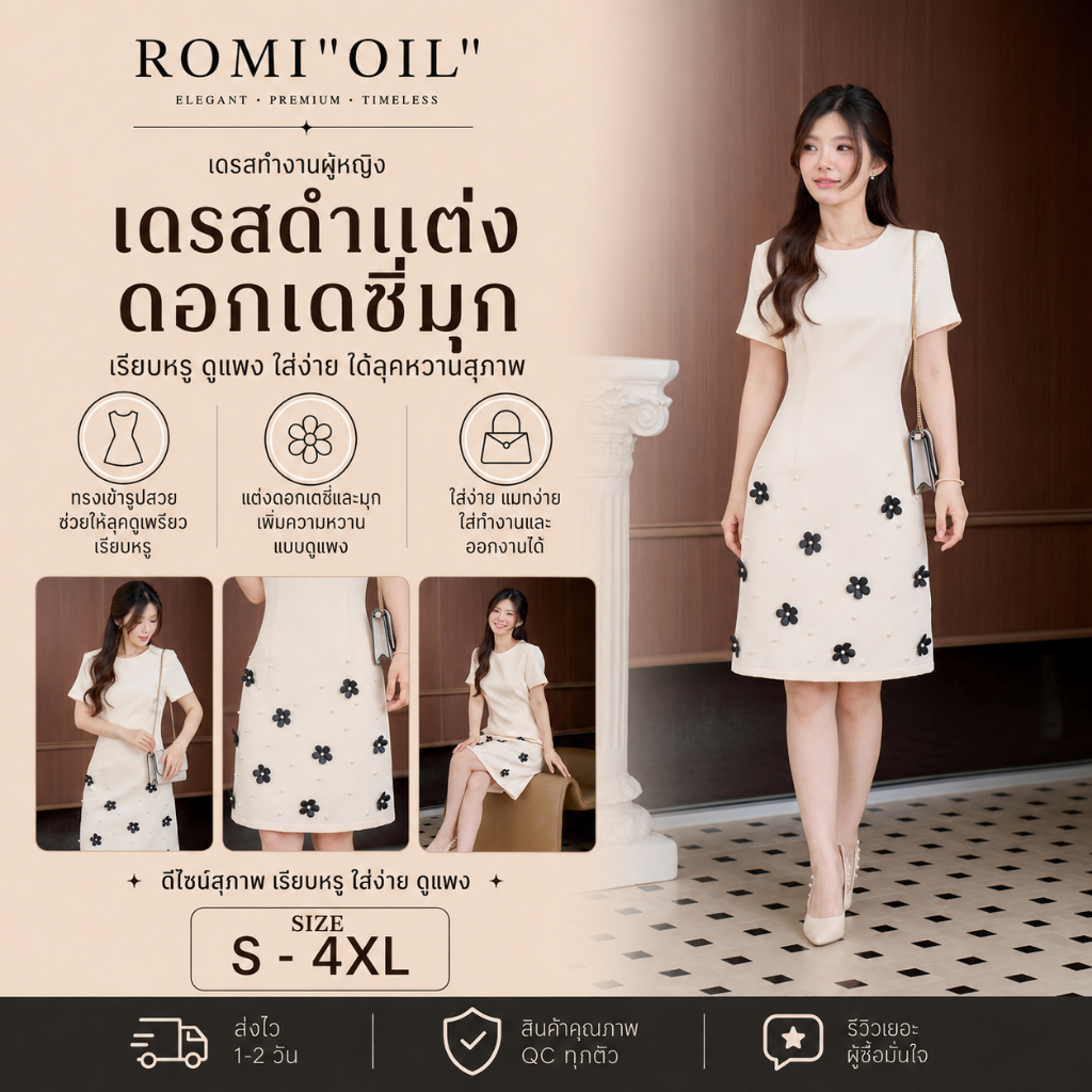 "Romi"Oil" Demi Dress (Cream) K425 ชุดเดรสสีครีม (แต่งดอกไม้ปลายกระโปรง)