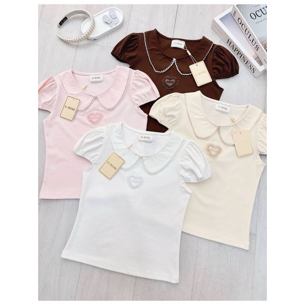 💖New Collection 💖G-Rose เสื้อทรงเชิ้ตคอบัวคอปกแต่งระบายดีเทลโบว์คิวท์ๆมีกระดุม1เม็ดตรงคอปก ทรงเสื้อคัดติ้งเนี๊ยบ