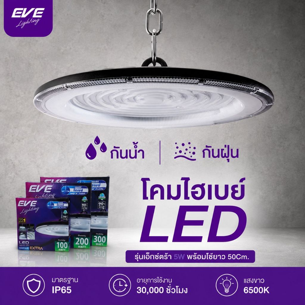 โคมไฮเบย์ แอลอีดี UFO LED รุ่น EXTRA ขนาด 100W 200W 300W แสงขาว 6500K HI BAY  ยี่ห้อ อีฟ EVE