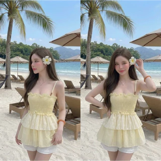 (อก28-44)เสื้อสายเดี่ยวสม็อคอก ดีเทล2ชั้นแต่งลูกไม้ แต่ลูกปัด สาวอวบใส่ได้อกถึง44 นิ้ว