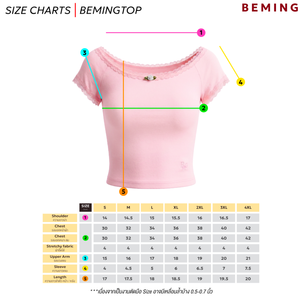 Bemingtop1263(S-4XL) - Trim Tee – เสื้อปาดไหล่แขนสั้นดีเทลแต่งลูกไม้และดอกกุหลาบที่อก รูปที่ 9