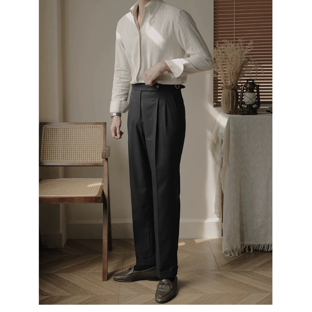 Mallago Men Premium classic pants + wools Charcoal grey กางเกงผู้ชายขายาว มีวูลผสม เทาเข้ม