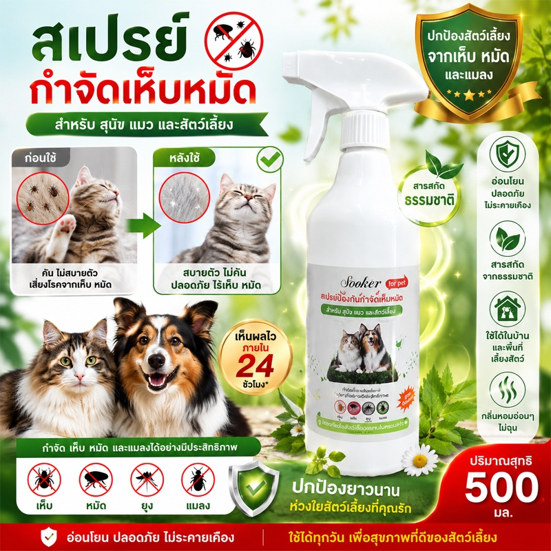 สเปรย์กำจัดเห็บและหมัดสำหรับสัตว์เลี้ยง สเปรย์ไล่เห็บและหมัด ประสิทธิภาพในการกำจัดหมัดสูงถึง 99.9% เหมาะสำหรับสุนัขและ