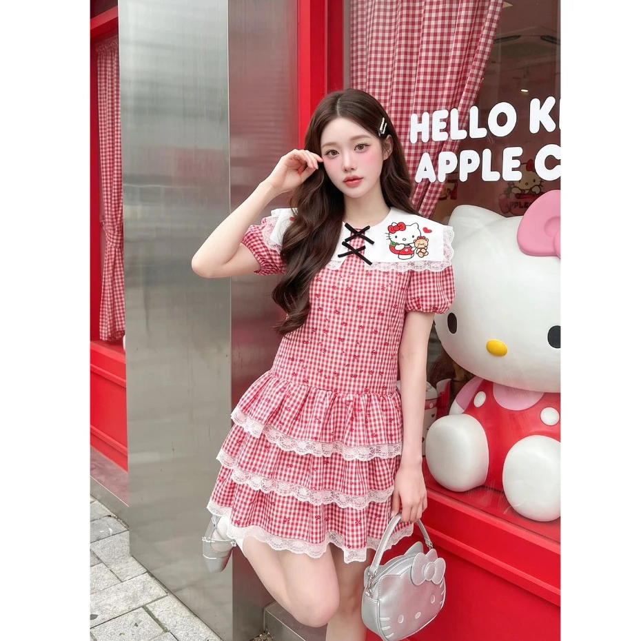 (มี3XL) Maria Diamond สีแดง Lipstick Kitty Dress เดรสทรงปล่อยคิตตี้ ปกงานปัก ผ้าคอตตอนสก็อต ซิปหลัง มีซับใน