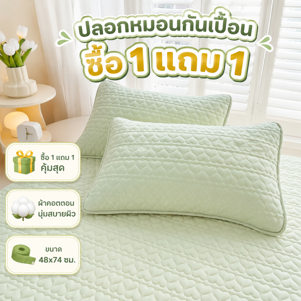 ซื้อ 1 แถม 1 ปลอกหมอนกันเปื้อน ผ้าคอตตอน 48x74ซม. ช่วยลดคราบเหงื่อ คราบน้ำลาย นุ่ม ระบายอากาศ ซักเครื่องได้