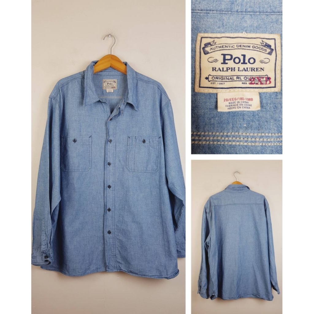 POLO RALPH LAUREN Cotton Chambray Long Sleeves Shirt Made in China Color: Denim Size 2XB (Big & Tall