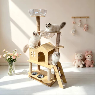 CoCo.PETcat tree คอนโดแมวไม้ แคททรี พร้อมบ้านแมว โดมอวกาศใส เสาลับเล็บสนาม ที่นอนแมว ของเล่นแมว ต้นไม้แมว