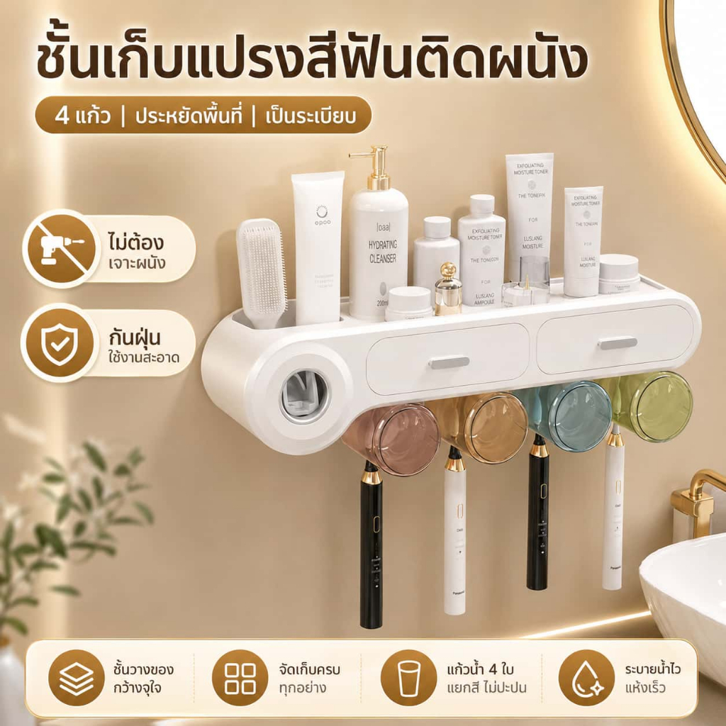 ที่วางแปรงสีฟันอเนกประสงค์ ชั้นวางของในห้องน้ำ จัดเก็บเป็นระเบียบ ประหยัดพื้นที่ ใช้งานสะดวก เหมาะสำหรับทั้งครอบครัว