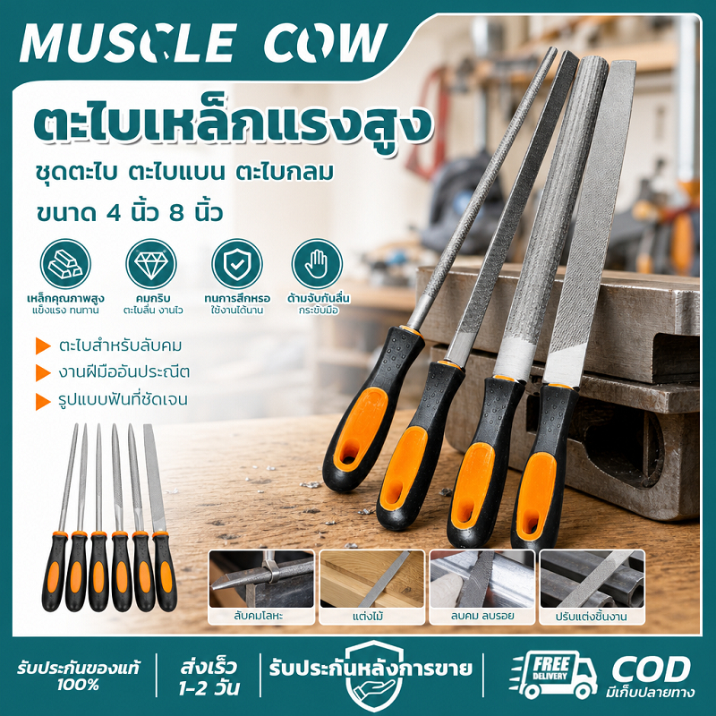 MUSCLE COW ตะไบเหล็กแรงสูง ชุดตะไบแบนและกลม ขนาด 4/8 นิ้ว ใช้ลับคมและฝึอชิ้นงานได้เรียบเนียน เหมาะงานช่างและDIY