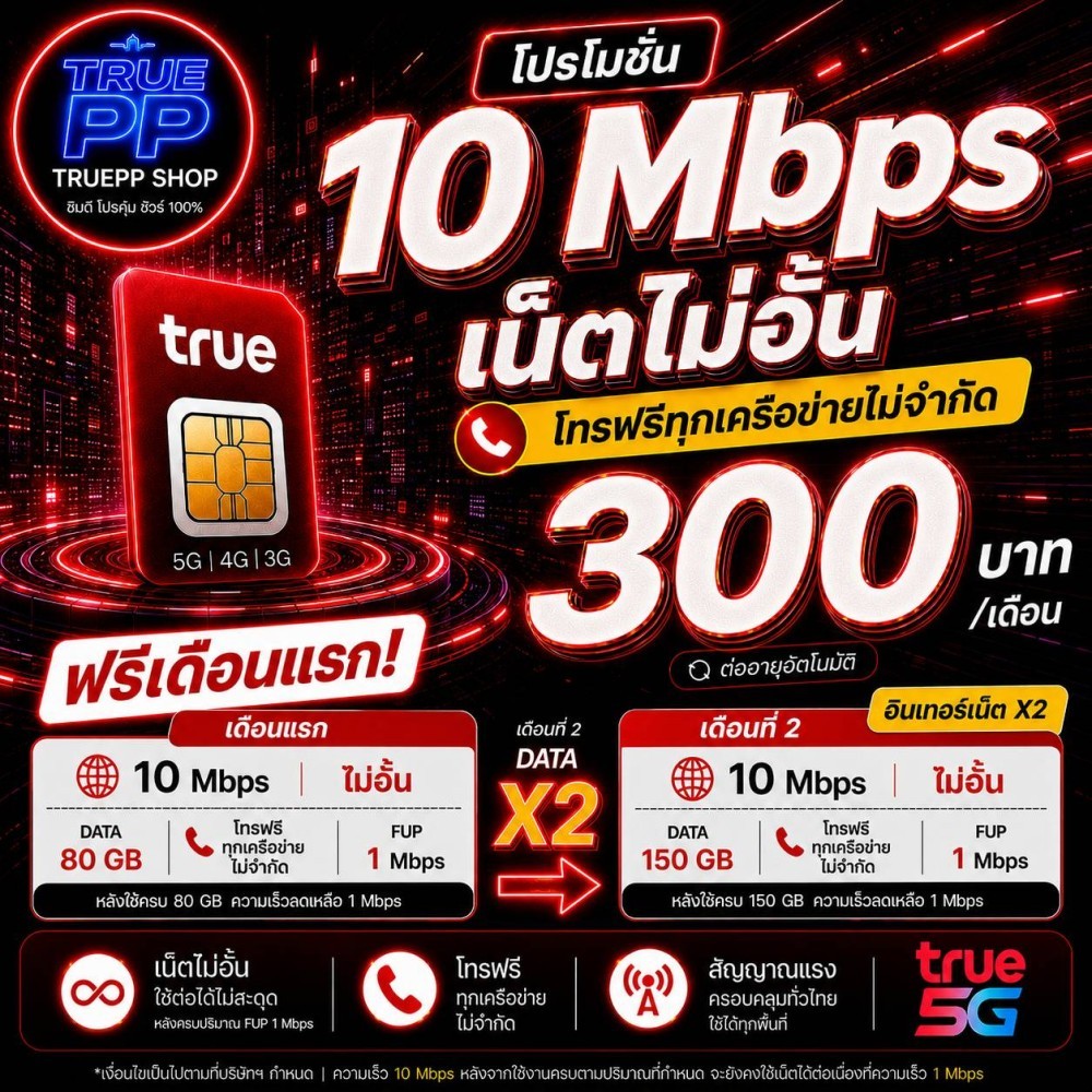 (ใช้ฟรีเดือนแรก)ซิมทรู TRUE เน็ต 10 Mbpsไม่อั้น+โทรฟรีทุกค่าย เพียง 300บาท/เดือน ซิม5G