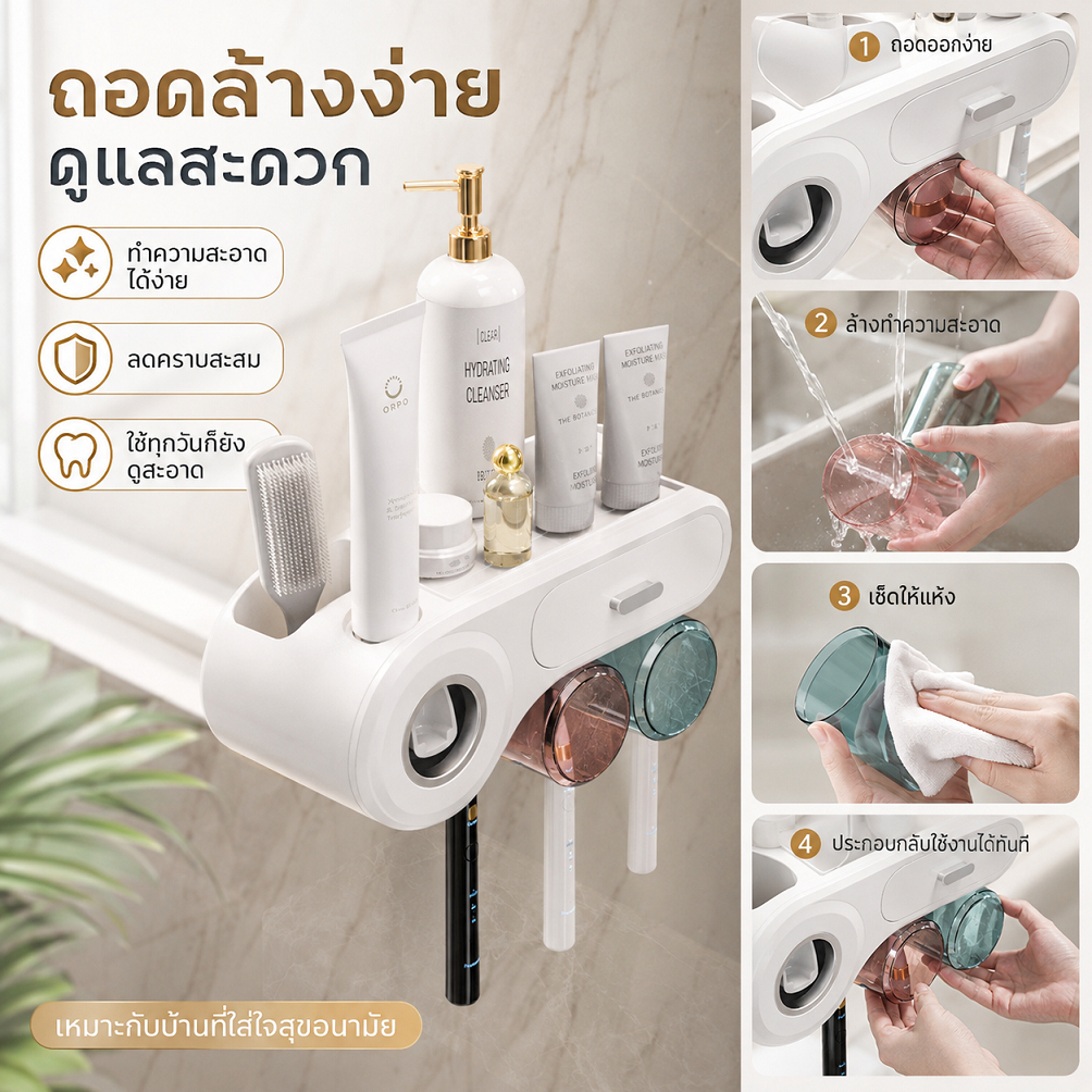 ชั้นวางแปรงสีฟันติดผนัง พร้อมเครื่องบีบยาสีฟันอัตโนมัติ ที่วางแก้วน้ำ อเนกประสงค์ ระบายอากาศดี แห้งไว ประหยัดพื้นที่ COD
