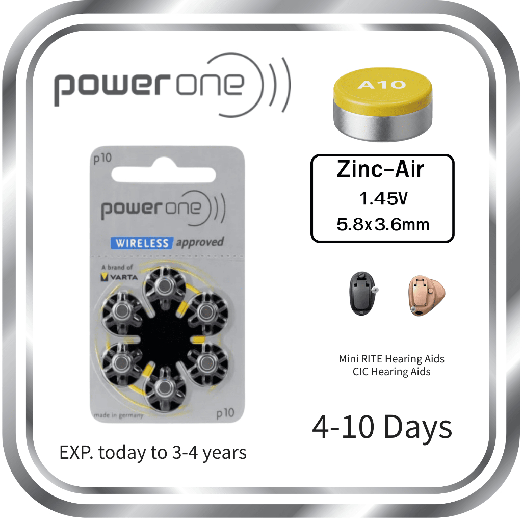 ถ่านเครื่องช่วยฟัง เบอร์10 สีเหลือง PowerOne A10 PR70 HearingAidBatteries ถ่านใส่เครื่องช่วยฟังแท้