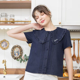 Glucoat | [A339] เสื้อยีนส์แขนสั้น คอปกแต่งระบายปัก glucoat กระดุมหน้าใช้งานได้จริง