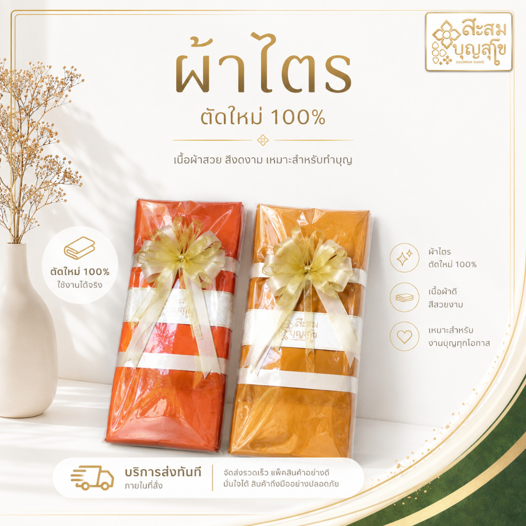 ผ้าไตรจีวรครบชุด เกรดพรีเมี่ยม ตัดใหม่100% โบว์เปลี่ยนสีได้ โทเร/มัสลิน | ทำบุญ งานบุญ ถวายพระสงฆ์ - ร้านสะสมบุญ สุโข