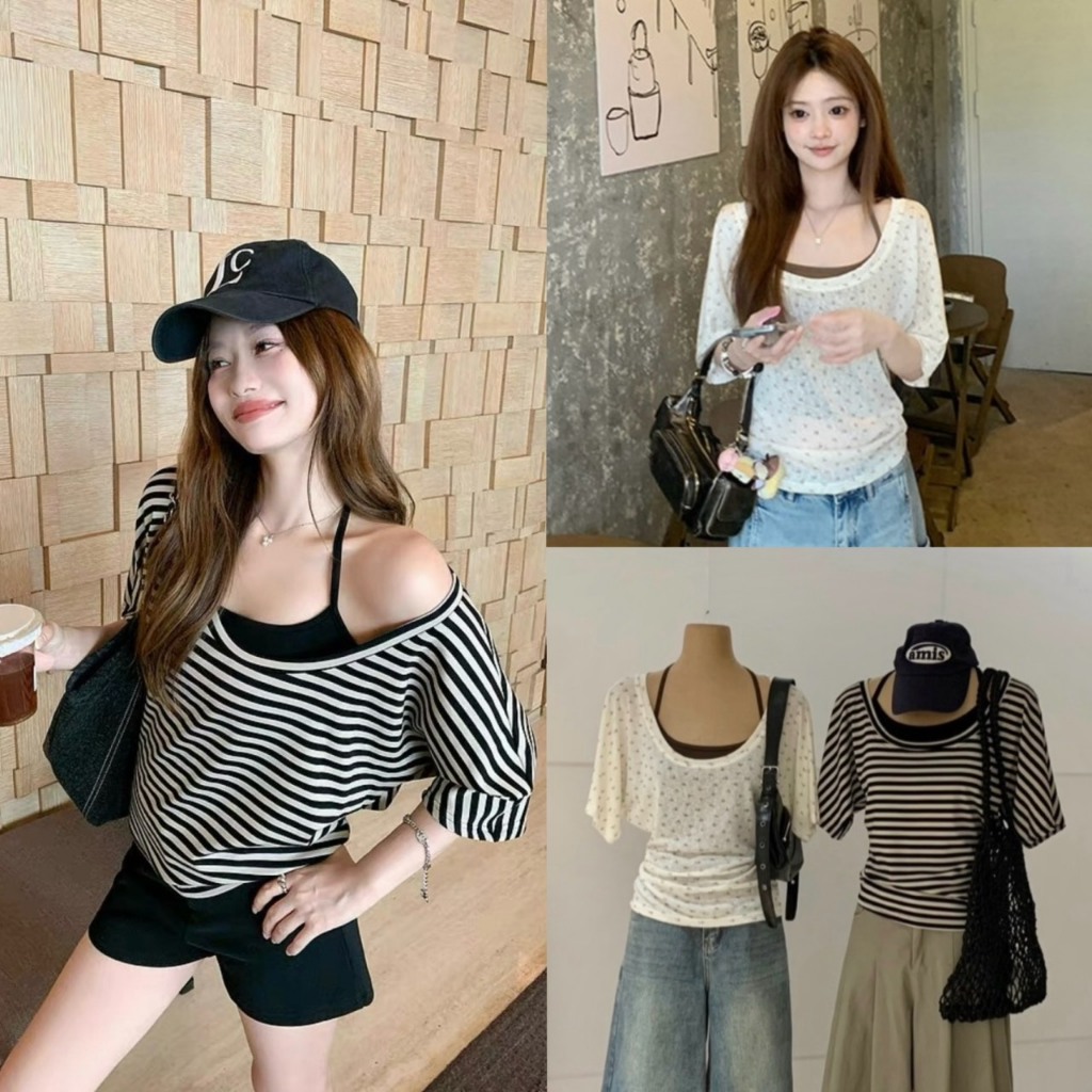 Set2pcs เสื้อคอยูแขนสั้น+เสื้อคล้องคอ - 10493 TAG WG.WE 🇰🇷