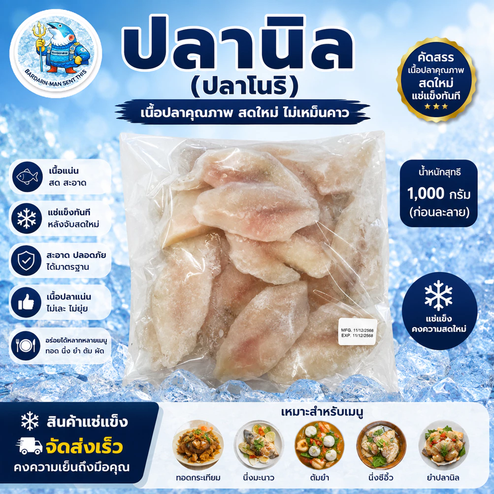 เนื้อปลานิลหั่น 1,000 กรัม (ก่อนละลาย) ปลาโนริ เนื้อปลาแช่แข็ง พร้อมปรุง ทอด ต้ม ผัด