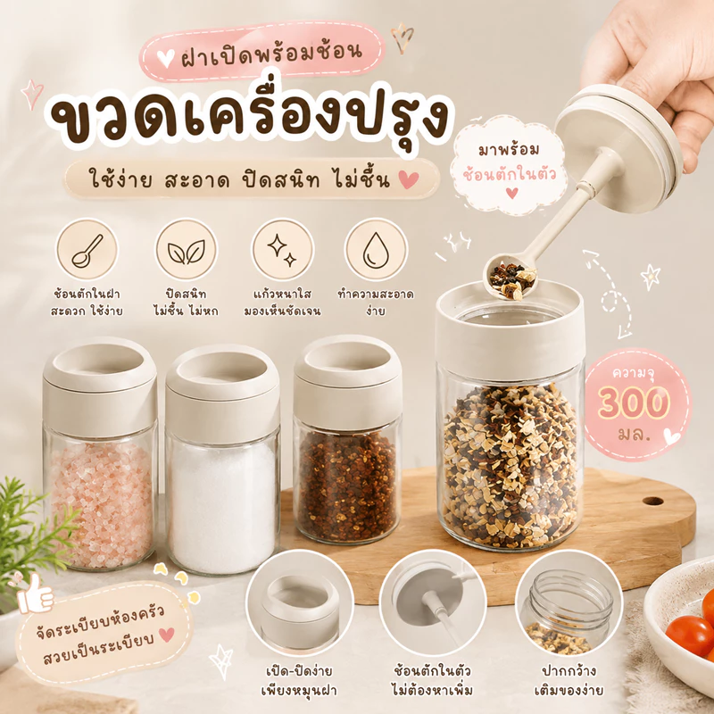 โหลแก้วเครื่องปรุง(สีเทา) โหลใส่เครื่องปรุงดีไซน์มินิมอลสไตล์ญี่ปุ่น พร้อมช้อนตวงในตัว ฝาปิดแน่นกันชื้น ใช้งานสะดวก