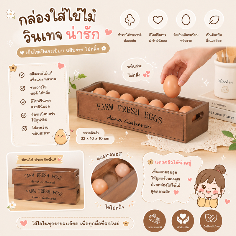 กล่องไม้ใส่ไข่ ดีไซน์ฟาร์ม Farm Fresh Eggs จัดเก็บไข่เป็นระเบียบ กล่องไม้เก็บไข่ไก่ งานไม้ธรรมชาติ จุได้หลายฟอง