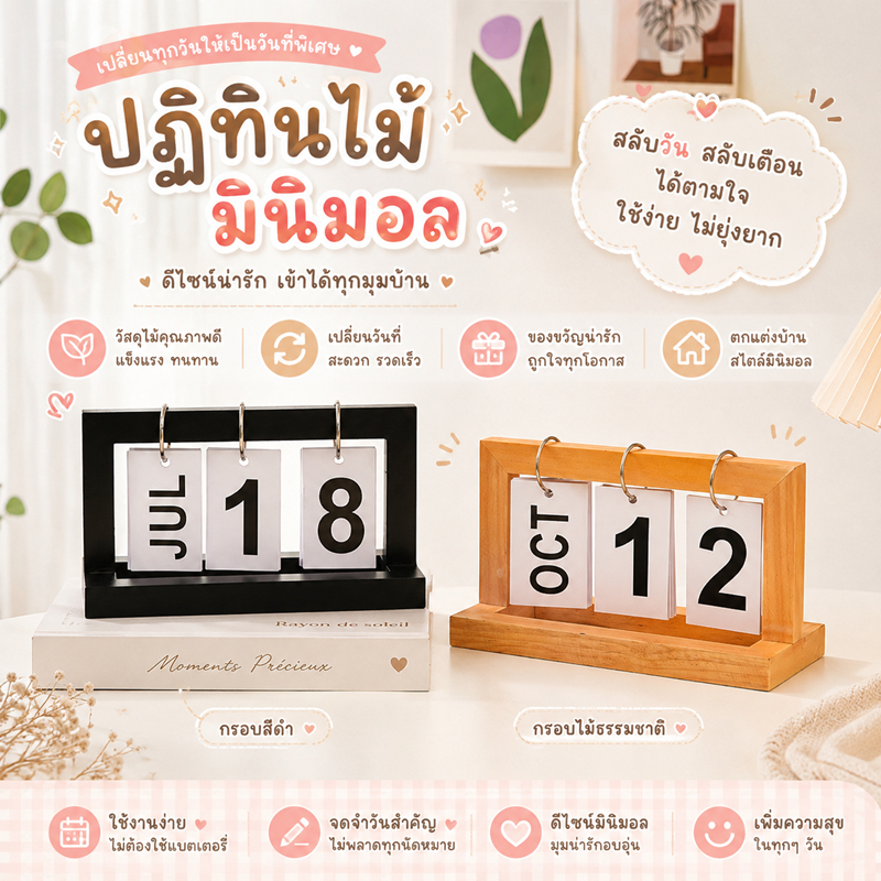 ปฏิทินหมุนหน้ากระดาษ ทำจากไม้ ปฎิทินตั้งโต๊ะ  ปฎิทิน ตกแต่งโ