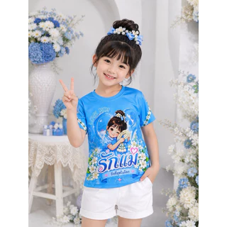 เสื้อสีฟ้า เสื้อวันแม่ รักแม่ เสื้อลายวันแม่ เสื้อลายดอกมะลิ ผ้าคอตตอน100% ผ้าไมโครพิมพ์ทั้งตัว