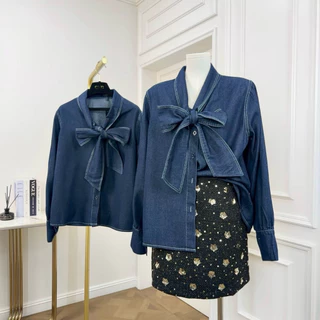 พร้อมส่ง‼️ (GMG57) เสื้อเชิ้ตเดนิมแขนยาว คอวีงานโบว์ Oversize ผ้า Denim Jean ตัดกับด้ายคู่สีขาว ทรงสวยใส่สบาย