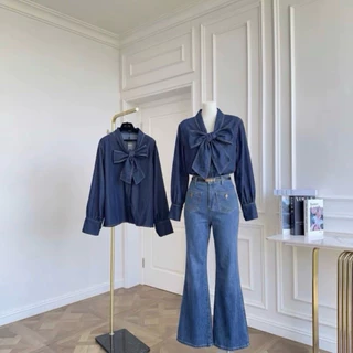 พร้อมส่ง‼️ (GMG57) เสื้อเชิ้ตเดนิมแขนยาว คอวีงานโบว์ Oversize ผ้า Denim Jean ตัดกับด้ายคู่สีขาว ทรงสวยใส่สบาย