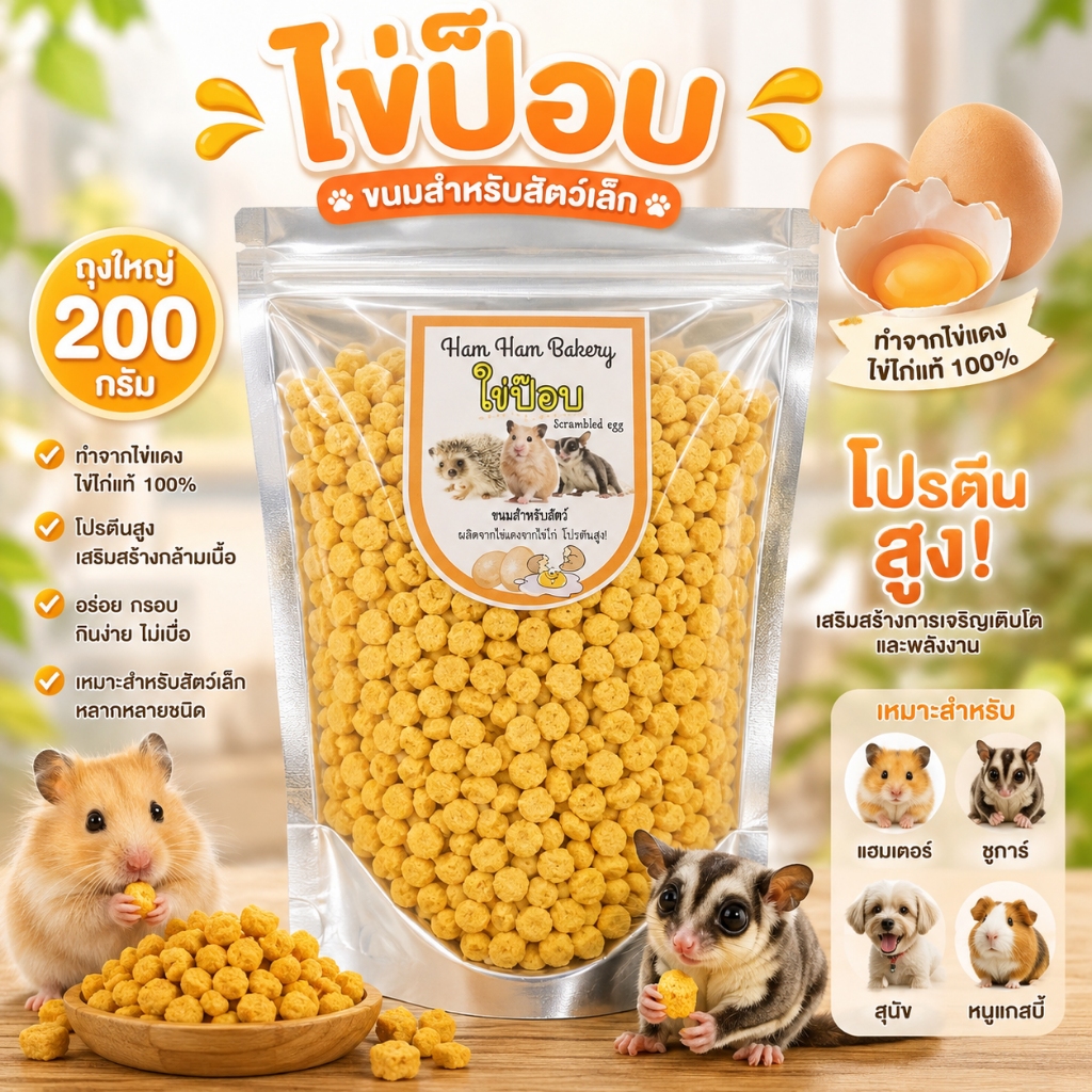 ไข่ป็อบ ถุงใหญ่ 200 กรัม ขนมหนูแฮมเตอร์ ชูการ์ ขนมสำหรับสัตว์เล็ก ถุงใหญ่ ทำจากไข่แดงไข่ไก่ โปรตีนสูง