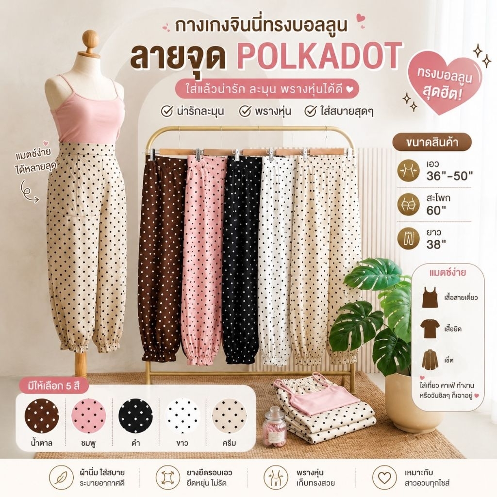 V4 กางเกงขาวยาวสาวอวบ ทรงบอลลูน ผ้าครัช ลายจุดPolkadot