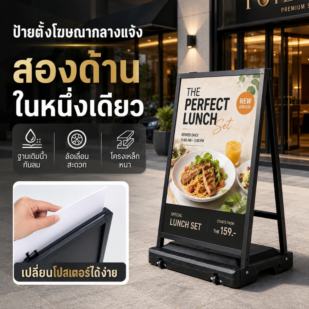 ขาตั้งป้ายโฆษณา ขนาด 60x90cm กันลม มีถังใส่น้ำถ่วงให้มั่นคงยิ่งขึ้น มีล้อเลื่อน เหมาะสำหรับร้านกาแฟและกลางแจ้ง