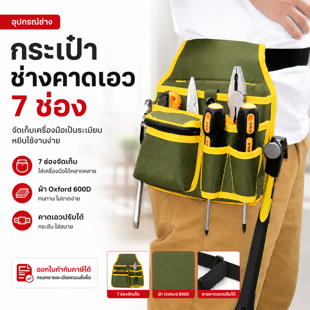 กระเป๋าช่างคาดเอว 7 ช่อง ผ้า Oxford 600D กระเป๋าใส่เครื่องมือ ช่างไฟ ช่างซ่อม สายคาดเอวปรับได้ สำหรับงานช่างและ DIY