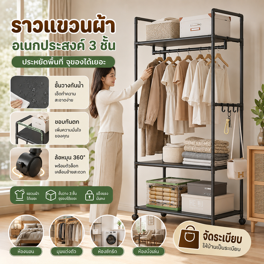 ราวแขวนเสื้อผ้าอเนกประสงค์ 3 ชั้น โครงเหล็กแข็งแรง ชั้นวางกันน้ำ ล้อหมุน 360° พร้อมตัวล็อก มีตะขอแขวนกระเป๋าและหมวก ประห