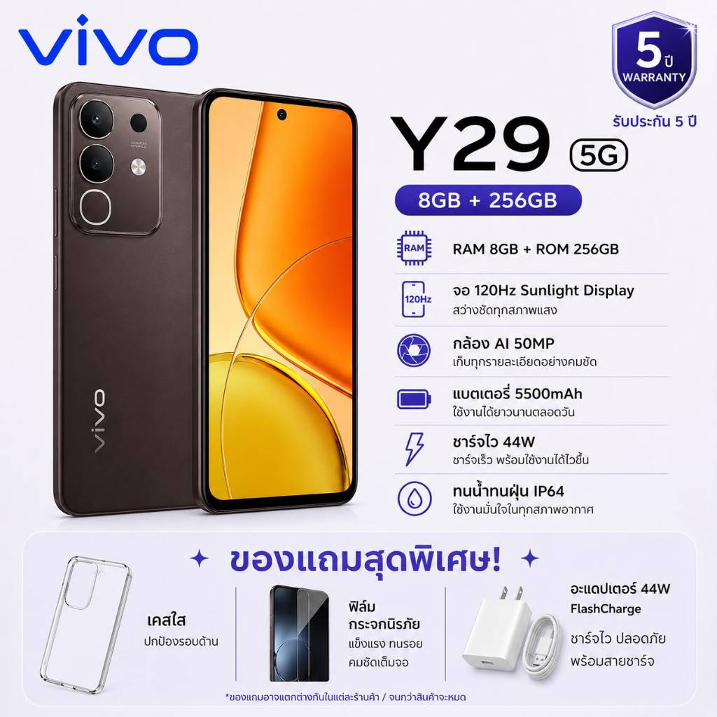 Vivo Y29 5G 8/256GB 6500mAh กล้อง AI 50MP หน้าจอ 6.68
