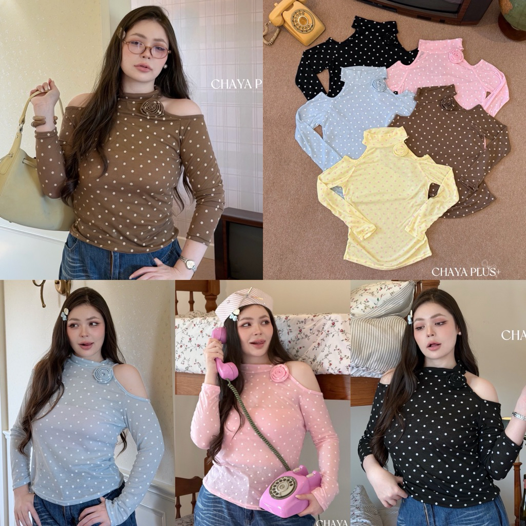 /LD/ เสื้อเว้าไหล่ Polka Dots มีไซส์อก38-52 ดีเทลดอกไม้ที่คอ น่ารักมาก  #สาวอวบอ้วน พลัสไซส์