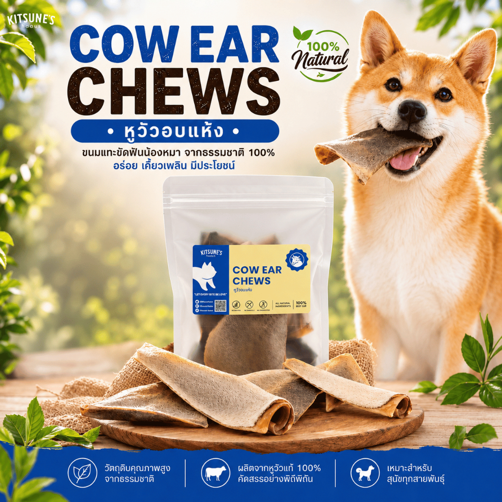 (อบใหม่🔥พร้อมส่ง) หูวัวอบแห้ง แบบหั่นชิ้น Cow Ears Chews สำหรับน้องหมา ขนมขัดฟันสุนัข ขนาด 70-80g