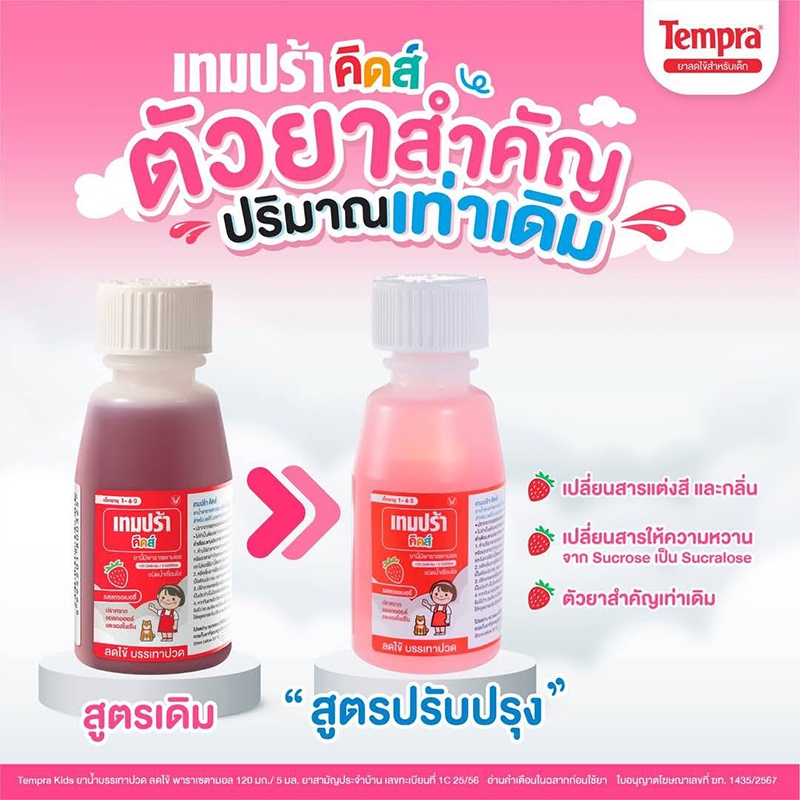 Tempra Kids Paracetamol 120mg/5ml Syrup 60ml เทมปร้า คิดส์ พาราเซตามอล 120 mg/5ml ลดไข้ บรรเทาปวด