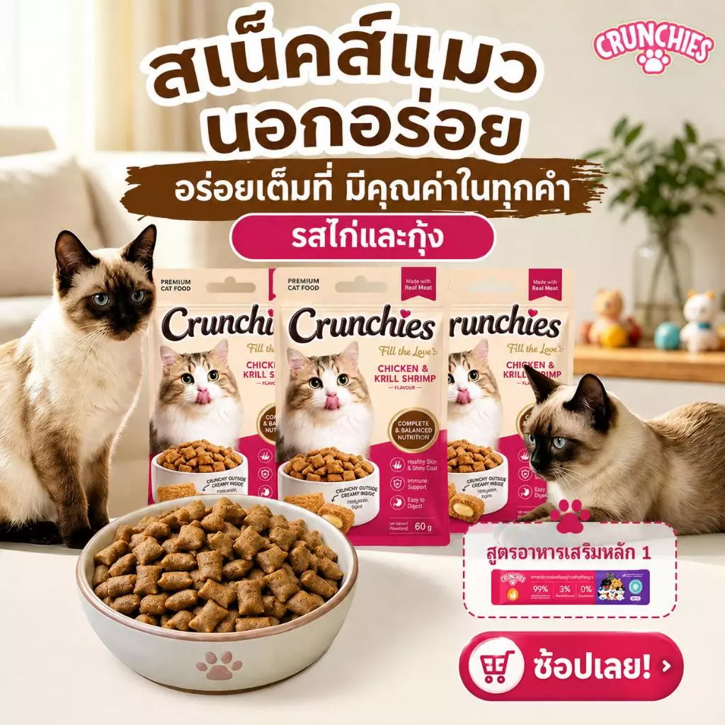 60กรัม*10ซอง Crunchies ขนมแมว ขนมว่างแมว พัฟสอดไส้ กรอบนอกนุ่มใน อร่อยหอม พร้อมส่ง