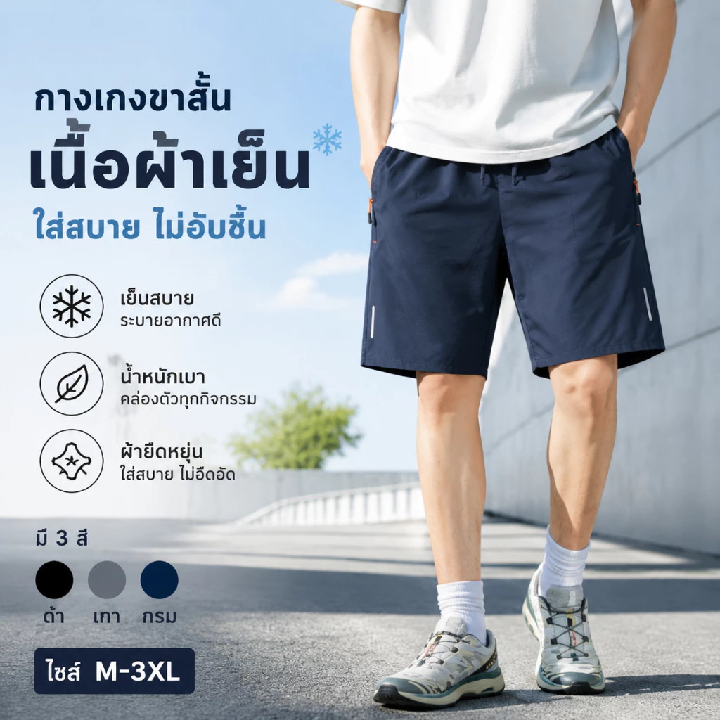 กางเกงขาสั้นผู้ชาย ผ้าแห้งเร็ว สัมผัสเย็น ระบายอากาศดี กระเป๋ามีซิป เอวรูดสายปรับขนาดได้ ป้องกันแดด