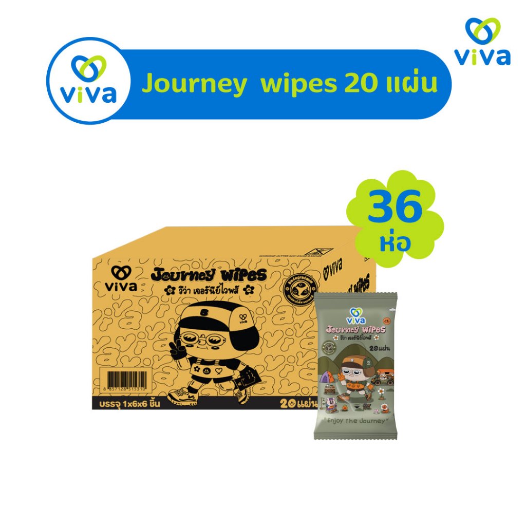 ViVa Journey Wipes วีว่า ทิชชู่เปียก ใช้แทนการอาบน้ำ ขนาดบรรจุ 20แผ่น ( ยกลัง 36 ห่อ )