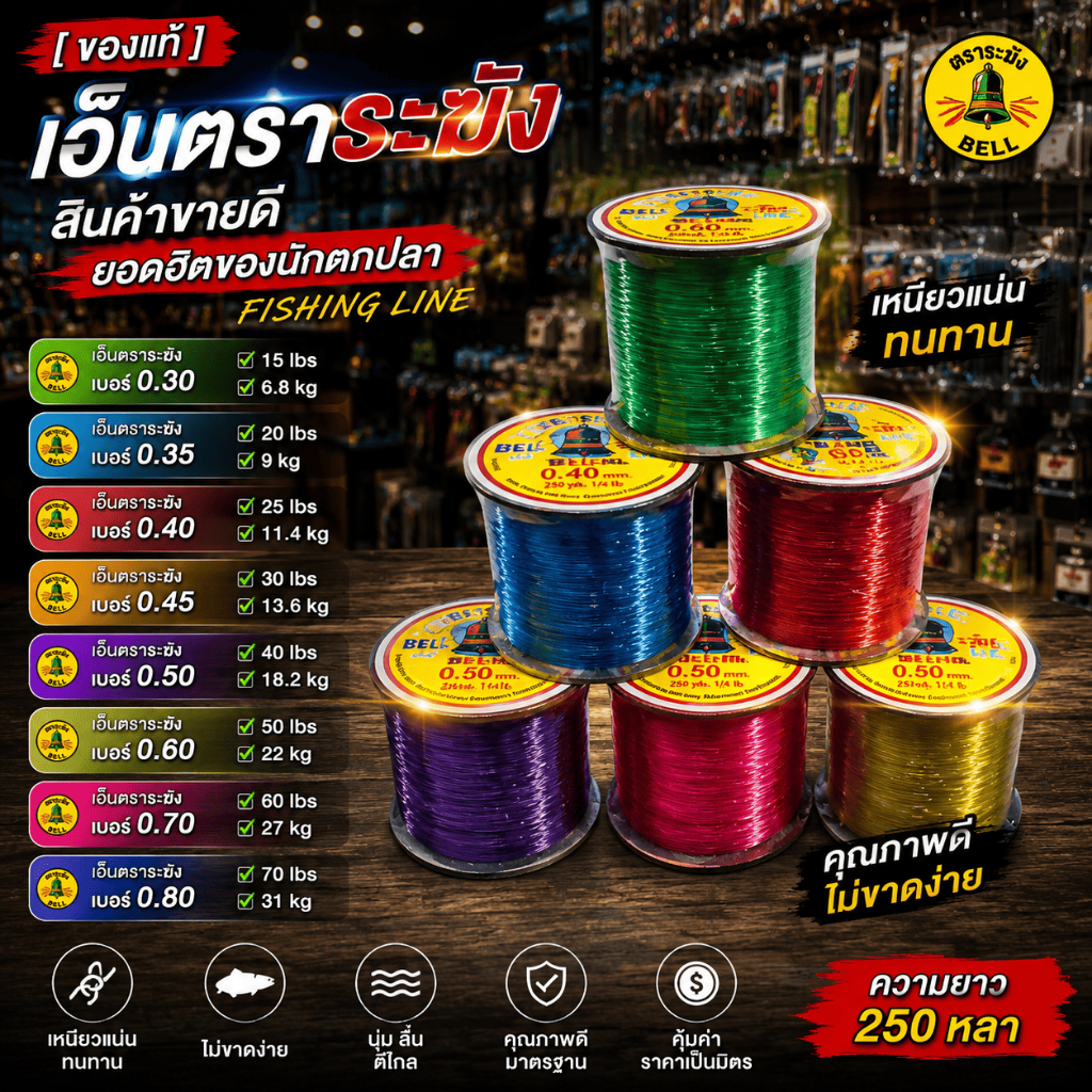 [ รับตรงจากบริษัท ] เอ็นตกปลา ตราระฆัง Fishing Line เอ็นโมโน เหนียว ทนแรงดึง เอ็นตกปลาขายดี มีหลายขนาด 15-70LB พร้อมส่ง