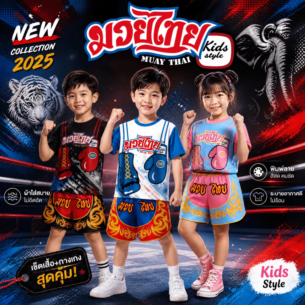 ชุดเซ็ท เสื้อ+กางเกง ลาย มวยไทย 3 สี
