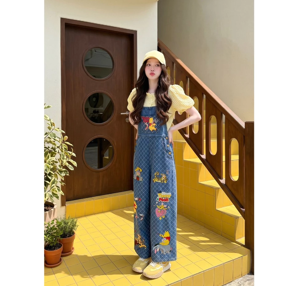 (มีถึง3XL) ยีนส์ Mhee Pooh Set เซ็ต 2 ชิ้น เอี๊ยมยีนส์งานปักขายาวมีกระเป๋า สายปรับได้ + เสื้อกระดุมหน้าคอตตอน