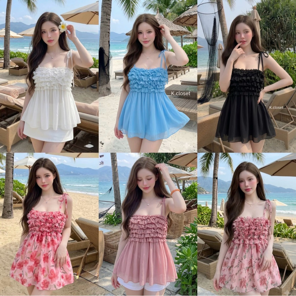 อก28-42 เสื้อสายเดี่ยวผูกไหล่ผ้าชีฟองระบายอก ทรงสวยหวานมาก detail น่ารักสาวอวบใส่ได้อกถึง 42 นิ้ว