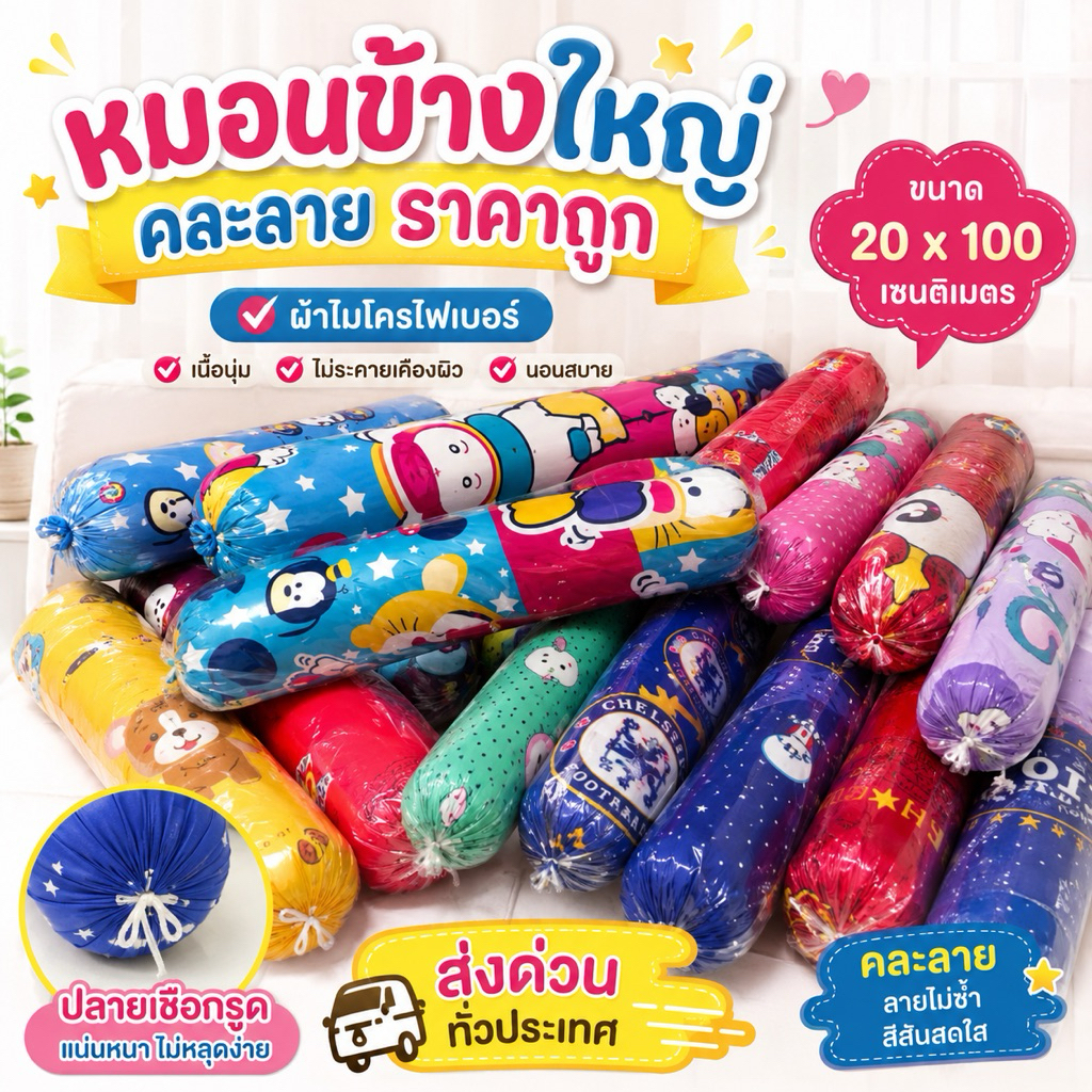 หมอนข้างใหญ่ (คละลาย) ราคาถูก ขนาด 20*100 เซนติเมตร ส่งด่วน