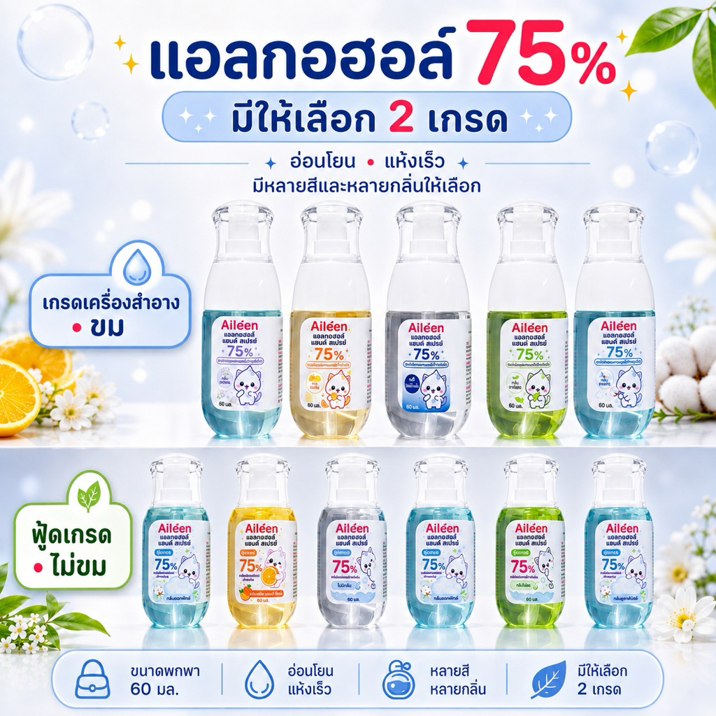 Aileenไอลีนแอลกอฮอล์75 ETHYL ALCOHOLขนาด60กรัม ชนิดน้ำ